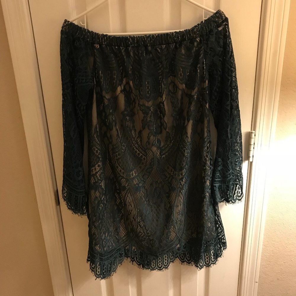 Love, Fire Off the Shoulder Scalloped Lace Dress